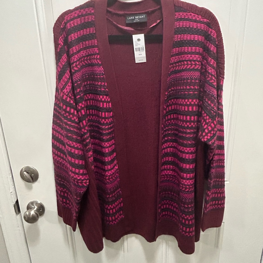 Lane Bryant Women's Cardigan - Burgundy and Pink Stripes